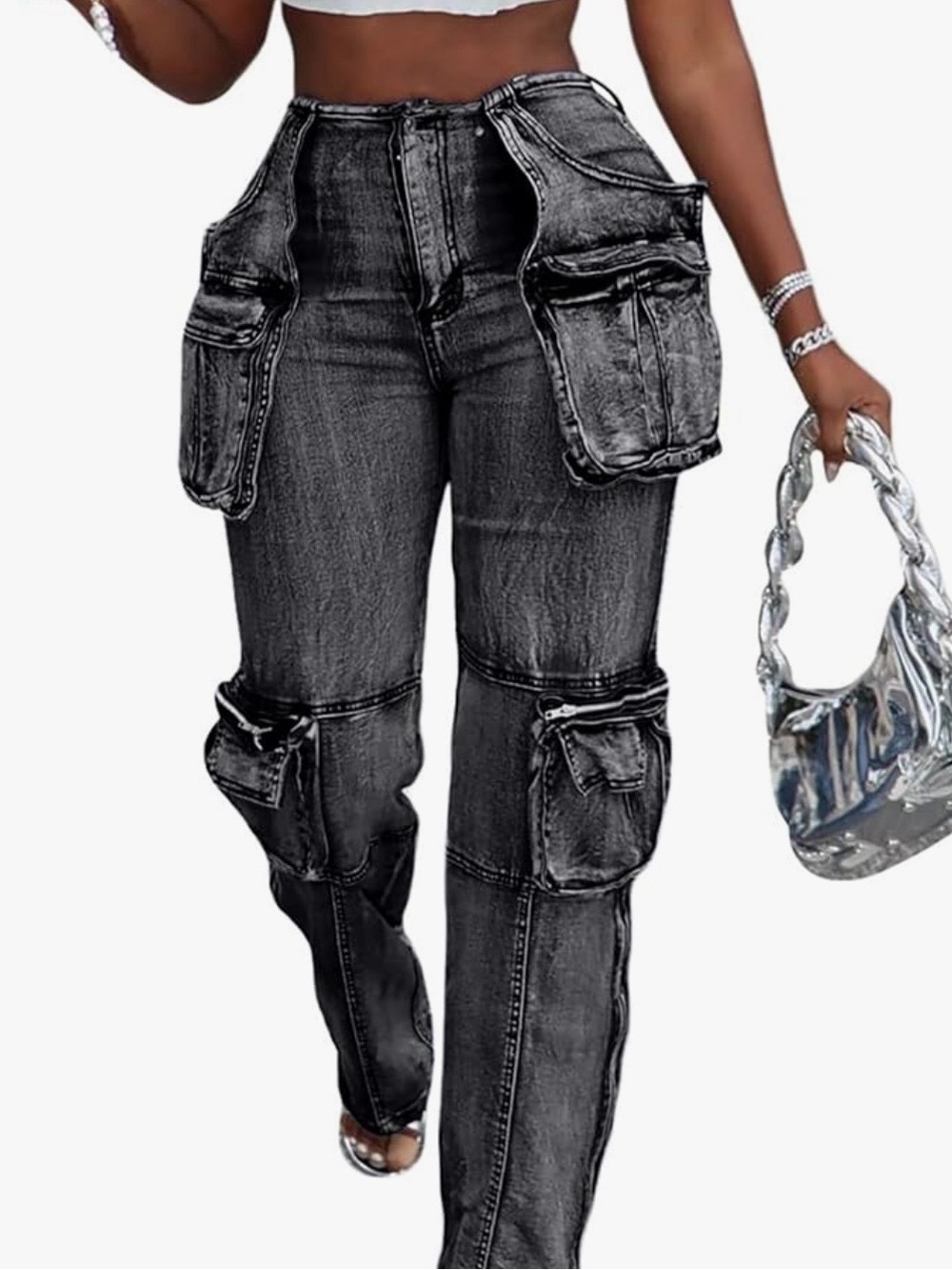 Vaceky Stretch Cargo Straight Leg Side Zipper Slit Denim Jeans Sz M 8-10